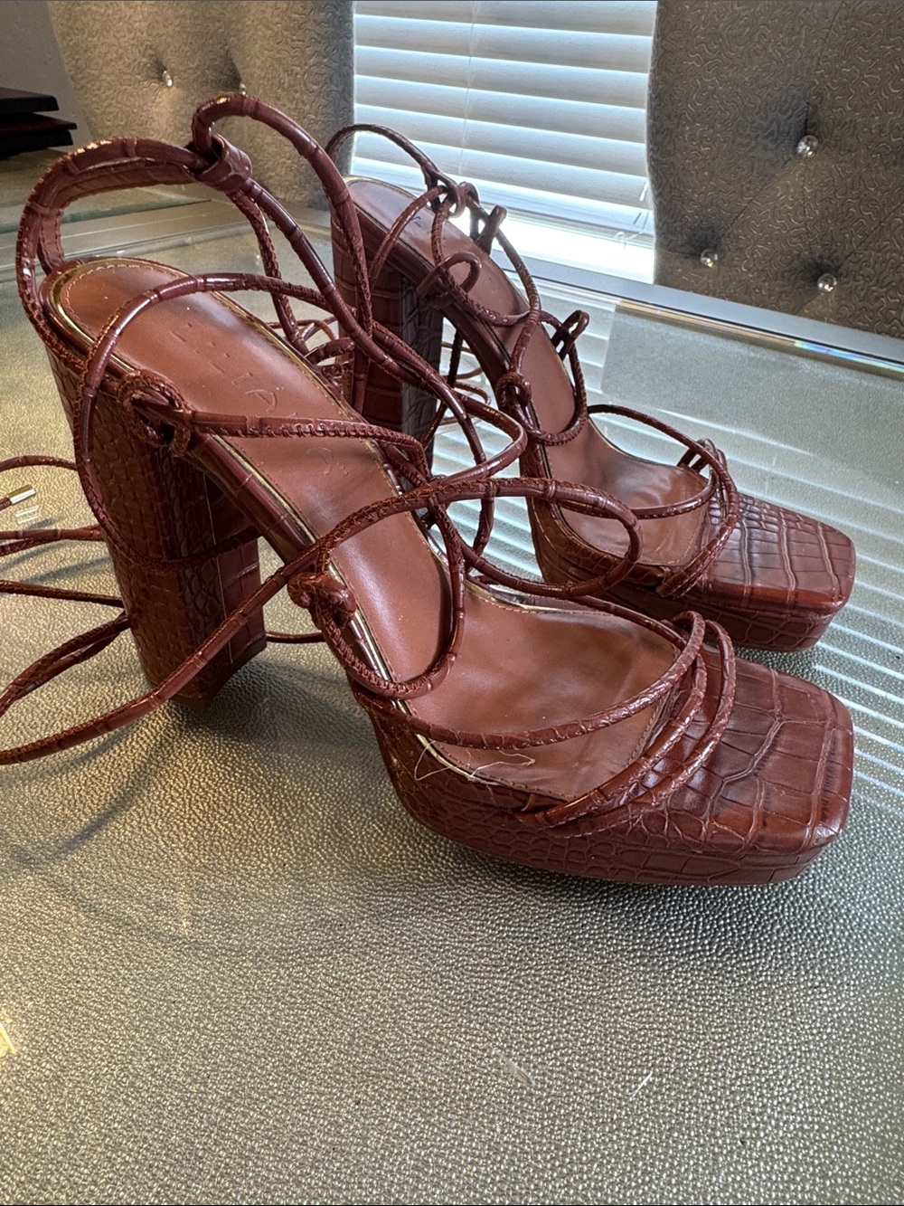 Liliana Burgundy Faux-Croc Platform Strappy Block Heels